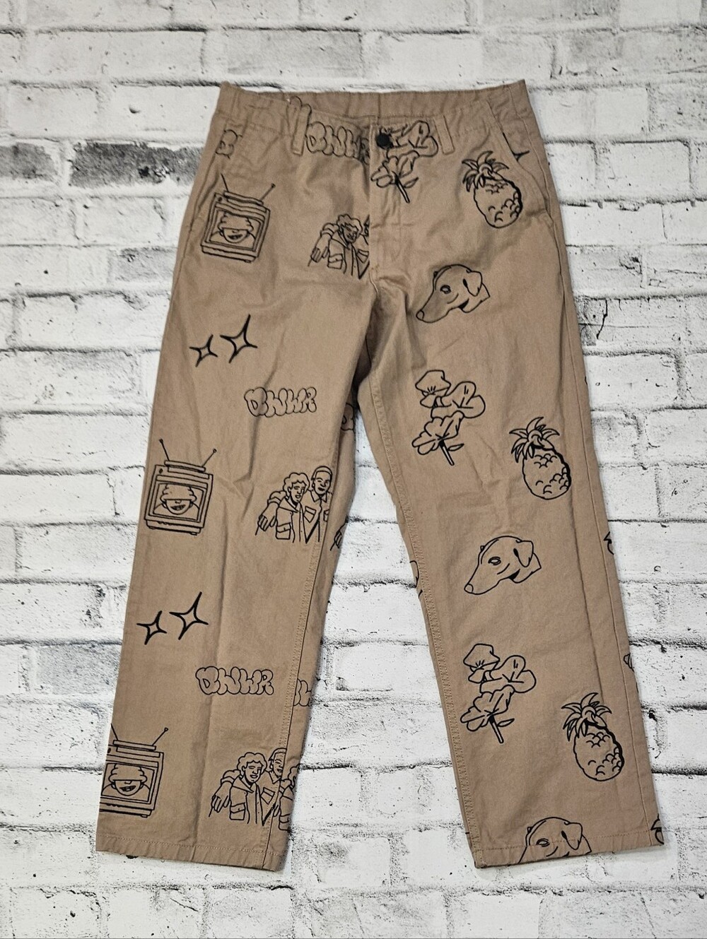 Zara Graphic Print Carpenter Pants Beige Wide Leg Streetwear Mens 31